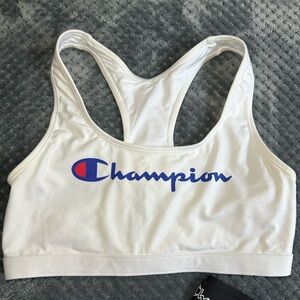 EUC! Champion cotton sports bra, white size large, blue script logo